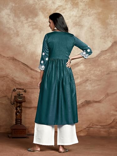 Image of EthnicJunction Women's Silk Blend Regular Fit Chikankari Embroidered Naira Cut Kurta