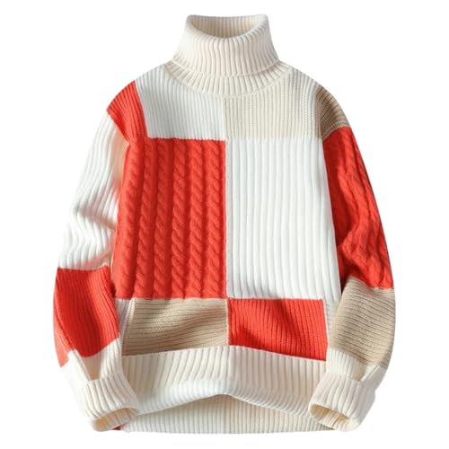 Mens Autumn Winter High Neck Sweater Patchwork Loose Knitted Pullovers Knitted Sweaters