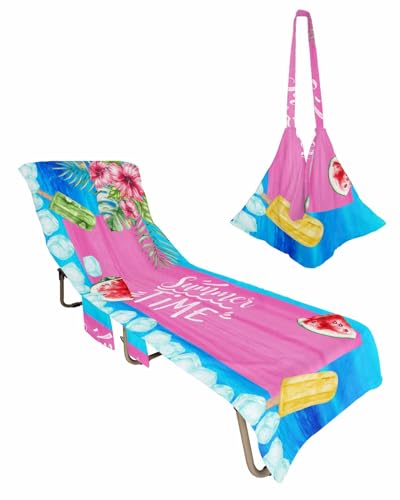 Summer Beach Lounge Chair Towel Cover, Soft Chaise Lounge Towel with Side Pockets Patio Pool Chairs Cover for Beach/Pool Sunbathing 29x85 Tropical Plants Botanical Watermelon Ice Cream