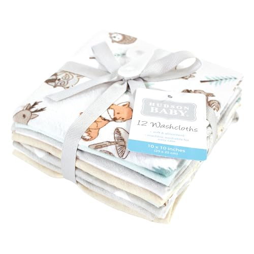 Image of Hudson Baby Unisex Baby Flannel Washcloths, Neutral Woodland Pals 12Pk, One Size