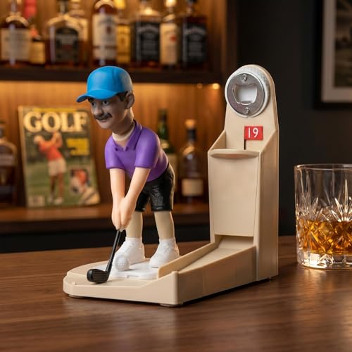 Golf Bottle Opener Game Golf Ball Themed Bottle Opener with Mini Golfer Fun Beer Bottle Cap Launcher & Collector for Home Bar BBQ Man Cave Fathers Day (Pro Blue Golfer)