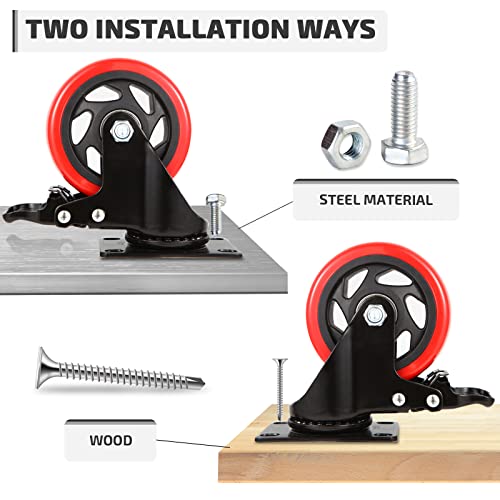 Nefish 4 Inch Industrial Caster Wheels With Brake, Casters Set Of 4 Heavy Duty Industrial Grade Casters, Non-Marking Polyurethane Wheels, Workbench Casters 1800 Lbs For Cart, Furniture, Shelving #TOP4