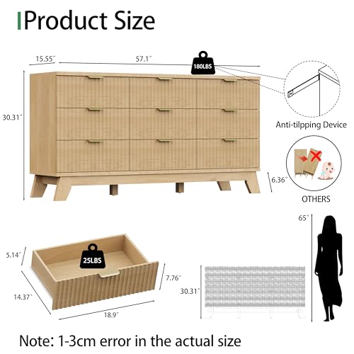 Image of Fluted Dresser for Bedroom with 9 Drawers, 57 inch Wide Modern Chest of Drawers with Metal Handle, Wooden Dresser TV Stand, Wood Closet Clothes Storage Organizer for Living Room, Hallway, Natural Oak