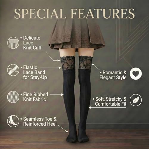 Image of Kraptick Women's Thigh High Stockings with Lace Top Soft Ribbed Stretchable Nylon Stocking, Fashion Hold-Up Stockings for Regular Use & Comfort Fit -2