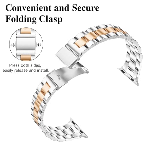 Image of Melyis Slim Metal Band Compatible with Apple Watch Bands for Women 40mm 41mm 38mm 42mm, Premium Stainless Steel iWatch Bands for Apple Watch Band Series 11 10 9 SE Series 8 7 6 5 4 3 2 1-Silver /Rose Gold