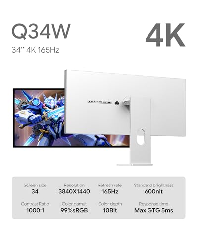 Image of Q34W 34'' UHD (3440 x 1440) 4K 165Hz Glossy Monitor, IPS Panel, 10-Bit Color, 99% sRGB, 96% DCI-P3, HDR, 109PPI, Low Blue Light, Eye Care (Minimalist - with Stand)