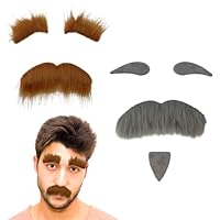 Schnurrbart zum Ankleben 2 Sets Bart zum Ankleben,Schnurrbart Selbstklebend Selbstklebender Falscher Schnurrbart und Augenbrauen Set für Rollenspiele,Halloween und Partykostüme(Grau,Braun)