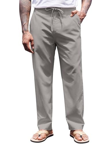 COOFANDY Mens Linen Pants Elastic Waist Drawstring Yoga Beach Pants Lightweight Summer Trousers with Pockets, Grey, XL