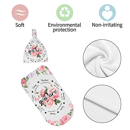 Pink Floral Inspirational Quote Newborn Swaddle Blankets Hat Sets Soft Stretchy Christan Baby Stuff Receiving Blanket Gifts For Infant Baby Boy Girl #TOP3
