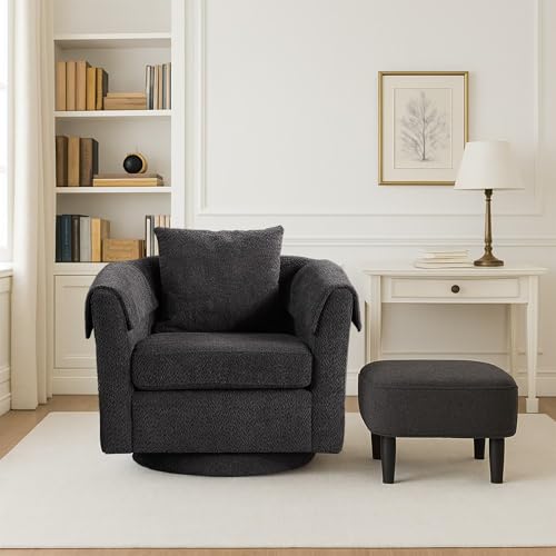 FLEXISPOT Swivel Barrel Accent Chair with Ottoman, 360 Degree Swivel Round Chairs with Removable Throw Pillow, Upholstered in Chenille, Reading Sofa for Living Room, Bedroom (Black)