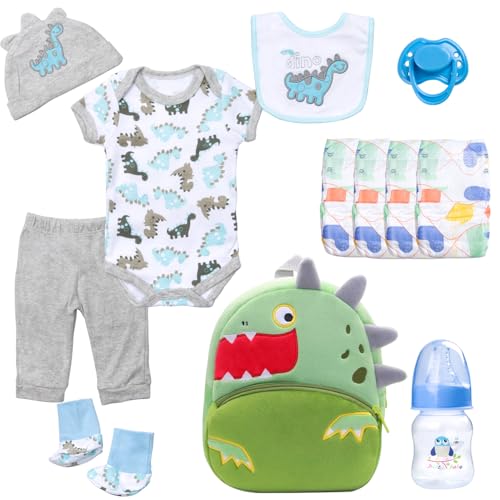 PEDOLLTREE Reborn Baby Dolls Clothes Accessories Dinosaur Outfit Set 12 Pcs Set for 17-22 Inch Reborn Doll Newborn Baby Boy with Green Dinosaur Backpack