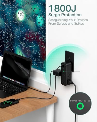 Image of Addtam Surge Protector Outlet Extender with Rotating Plug | 6 AC Outlets & 3 USB Ports, 1800J Wall Power Strip, 3-Sided Spaced Outlet Splitter for Home, Office, Travel, Black