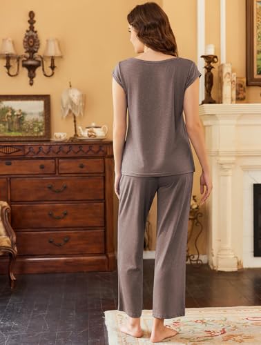 Image of Ekouaer Womens Pajama Sets Short Sleeve Sleepwear Tops and Long Pants V Neck Pjs 2 Piece Lounge Set with Pockets S-XXL