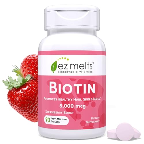 EZ Melts Biotin - Daily Vitamin B7 for Healthy Hair Skin & Nails - Energy Metabolism Support - No Artificial Flavors - Non-GMO & Vegan - Strawberry Burst - 90 Dissolvable Tablets (90 Servings)