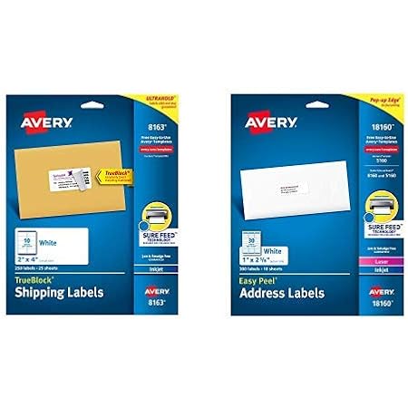 Avery Shipping Address Labels, Inkjet Printers, 250 Labels, 2x4 Labels, Permanent Adhesive, TrueBlock (8163) and Mailing Address Labels, Laser & ...