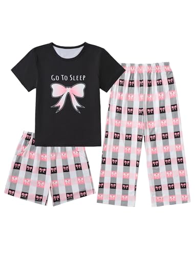 Mikrdoo Girls Pajamas 3Piece Summer Soft PJs for Kdis Comfortable Sleepwear for Lounging and Bedtime Black Bowknot 10Years