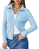Arach&Cloz Women's Zip Up Cardigan Sweaters 2025 Fall Wool Blend Long Sleeve Turtleneck Neck Business Fashion Knit Lightweight Jacket Trendy Casual Outfits Pale Blue M