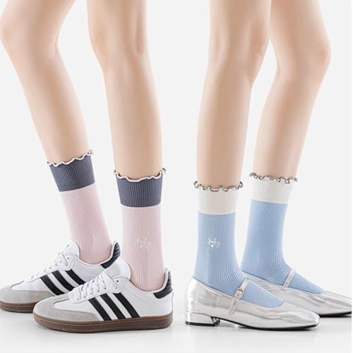 Image of Women Girls Summer Ruffle Turn-Cuff Casual Crew Socks Cute Breathable Combed Cotton Blend Colorful Sock (3 Pairs, Grey, Blue, Pink)