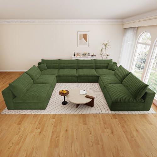 Image of 136 inch Cloud Couch Modular Sectional Sofa for Living Room, U-Shape Boneless Couch with Deep Seat, Modern Corduroy 8-Seater, No Assembly Required, Green