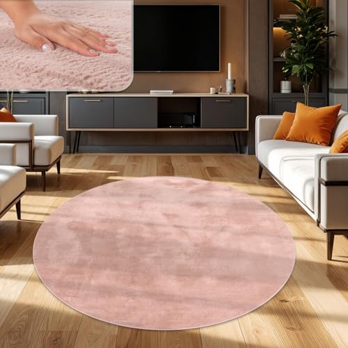 TT Home Wohnzimmer Teppich Hochflor Langflor Kunstfell Weich Modern Unifarben Flauschig, Farbe: Rosa Pink, Größe:120 cm Rund