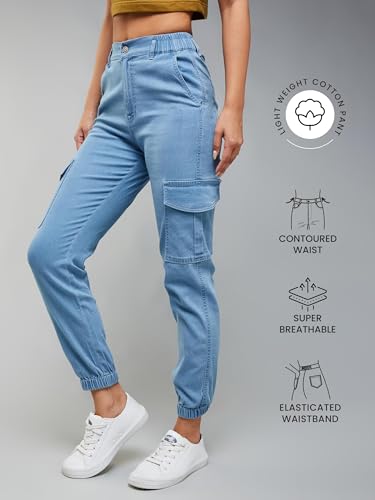 Image of Dolce Crudo Women's Light Blue Regular High Rise Regular Stretchable Denim Joggers