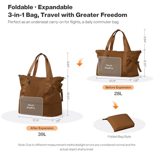 mixi Large Expandable Travel Tote Bag for Women - Waterproof Lightweight Carry On Weekender Bag with Shoes Compartment, Perfect Personal Item for Travel, Brown by mixi - Used condition - Image 4