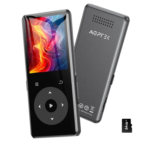 AGPTEK 64 GB MP3-Player mit Bluetooth, Robustes Metall-Gehäuse Musik-Player mit Touch-Tasten, 1,8 Zoll HiFi-Sound Player mit Lautsprecher und FM-Radio für Sport, unterstützt bis...
