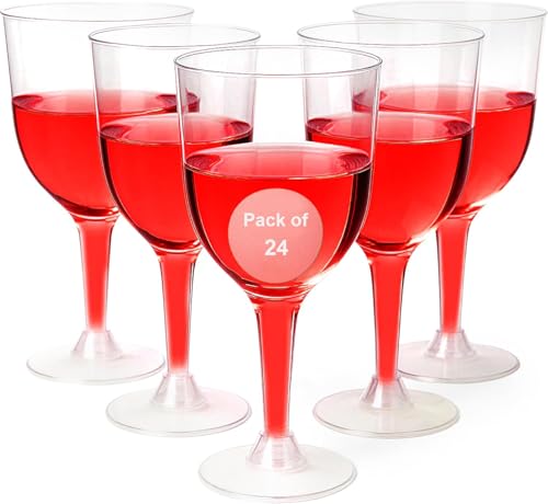 Ginikoe 24 Clear Stemmed Plastic Wine Glasses - 296 ml Reusable Wine Glasses for Parties - Plastic Wine Cups with Stem for Weddings Wine Tasting Patio Gatherings and Elegant Party Supplies