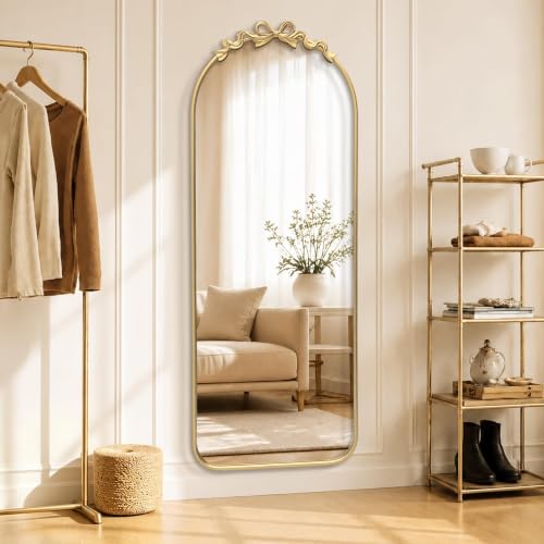 Image of Besdomus Arched Mirror Full Length: 21 inchx56 inch Vintage Bow Gold Floor Mirror | French Antique Baroque Traditional Ornate Standing for Entryway /Cloakroom /Bedroom - Ideal for Fashion-Conscious Ages 18-45