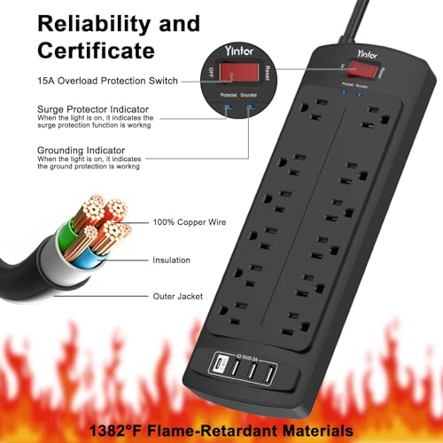 Image of 6 Feet Extension Cord Power Strip, Yintar Surge Protector with 12 AC Outlets and 4 USB Ports, 2700 Joules, ETL Listed, Black