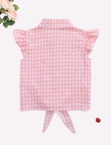 Image of Girls Sleeveless Plaid Button Down Shirt Summer Crop Tops Tie Knot Ruffle Sleeve Shirt Blouse 3-12Y