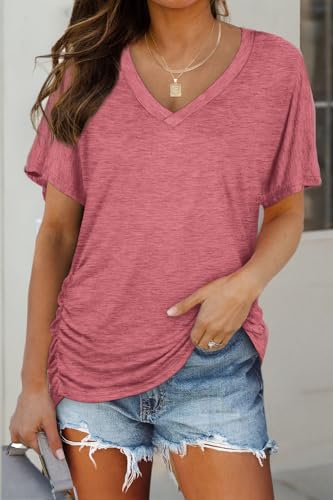 Image of WIHOLL Womens Summer T-Shirts Short Sleeve V Neck Dolman Tops with Side Shirring Loose Fit Shirts Spring Fashion