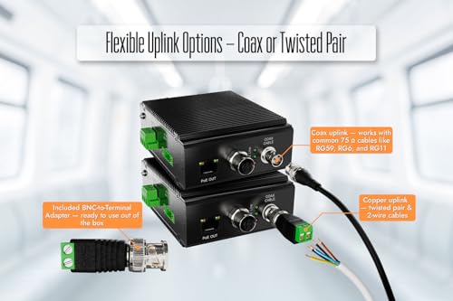 Image of M12 + RJ-45 PoE Ethernet Booster LAN Extender | PoE-Powered Master or 48V DC Option | Coax / 2-Wire Uplink up to 500m PoE or 800m Data | DIN-Rail Mount | Star /Daisy-Chain /Point-to-Point