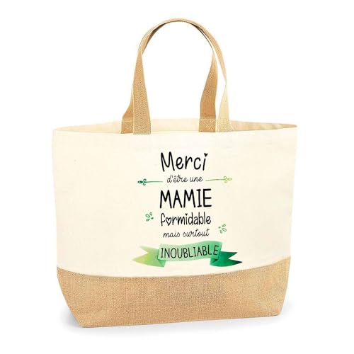 Sac Mamie Inoubliable Cabas Courses et Plage Résistant en Jute et Coton