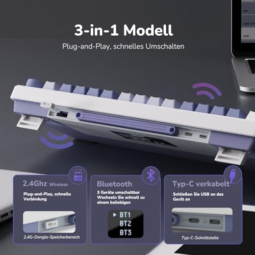 RK ROYAL KLUDGE M75 Gaming Tastatur kabellos 75% TKL Mechanische Tastatur RGB 2,4 GHz Wireless/Bluetooth/USB-C QWERTZ mit OLED-Smart-Display und Knopf Hot Swappable Roter Schalter, Lavendelviolett – Bild 5