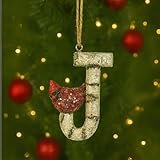 Rustic Cardinal Initial Letter Christmas Ornament – Birch Wood Look Hanging Alphabet Monogram Decoration for Holiday Tree & Winter Home Décor (J)