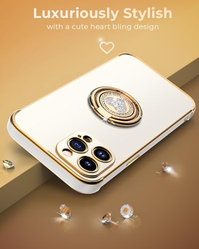 Image of XYZ for iPhone 13 Pro Max Back Cover Case with Ring, Double Ring Holder Stand, Portable Wrist Strap, Luxury Cute Bling Protective Phone Cover Case for iPhone 13 Pro Max, White