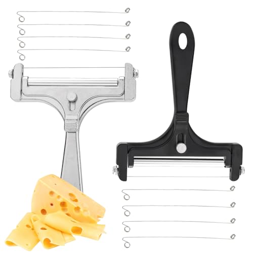 Fatiya Coupe-fromage à 2 lames en acier inoxydable, coupe-fromage réglable avec 8 lames de rechange, coupe-fromage à main pour cheddar, gruyère, raclette, mozzarella et beurre (Argent et noir)