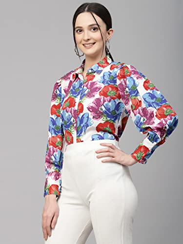Image of Style Quotient Women White and Multi Floral Polyester Regular Smart Casual Shirt
