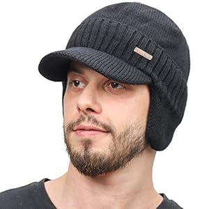Winter Beanie w/Visor & Earflaps for Men Outdoor Fleece Hat Scarf Set