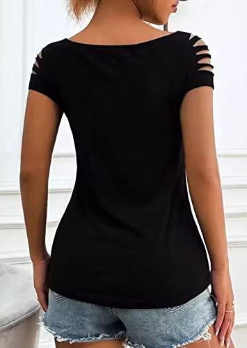 Cut Out Hollow Out T Shirt Womens Cold Shoulder Lacerated Sleeve Shirt Summer Solid Round Neck Slim Shirt Tops3