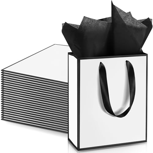 Yeaqee 24 Pack Metallic Paper Gift Bags with Handle and Tissue 9x7x3.1 Gold Foil Welcome Thank You Favor Bags Return Gifts for Wedding Graduation Bridesmaid Groomsmen Birthday(White Black)