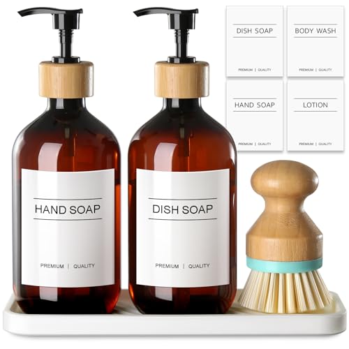 GMISUN Amber Hand and Dish Soap Dispenser Set with Tray, 500 ML Plastic Kitchen Sink Soap Dispenser with Bamboo Dish Brush, Farmhouse Kitchen Washing Up Liquid Dispenser Bottle with Pump Bathroom