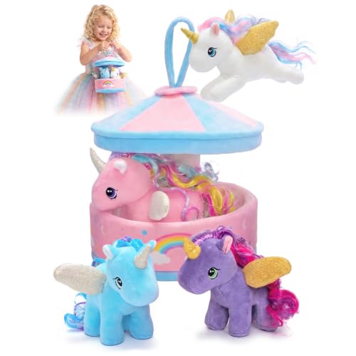 Image of OUOZZZ Unicorn Toys for Girls Stuffed Animals 4 Mini Plushies Playset | Carousel House with Handle, Gift-Ready, Travel- Friendly