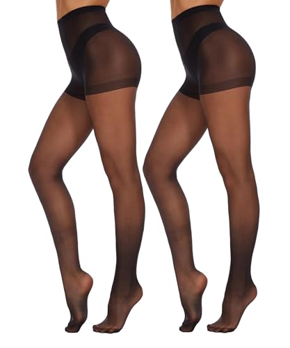 CozyWow 20 Denier Sheer Tights for Women,High Waist Control Top Silk Stockings,Comfortable Women's Pantyhose with Reinforced Toes 2Black-M