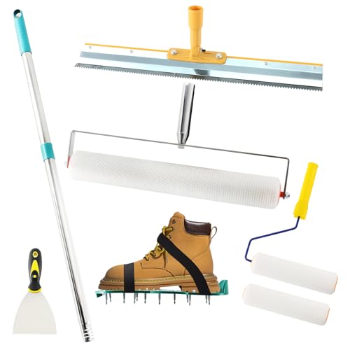 TINMAGI Kit D'outils de Ciment Autonivelant, Kit d'aération Professionnel avec Rouleau Debulleur 11 mm, Chaussure a Pointe Ragreage 30 mm, Raclette Grande Surface, Perche Telescopique 160 cm