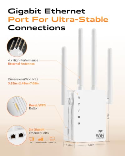 Image of WiFi Extender Signal Booster Dual Band 5GHz /2.4GHz, Up to 12880 Sq.ft Coverage, WiFi Extender Supports 105 Devices, 1-Tap Setup WiFi Booster with Ethernet Port and 4 Antennas