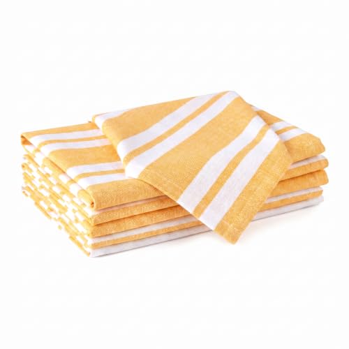 Image of Encasa XO Dining Table Napkins Set of 6, 43x43 cm | Machine Washable Reusable, Recycled Cotton Cloth Napkin, Soft & Absorbent, Table Decor for Hotels, Farmhouse - White & Franca Yellow Stripes