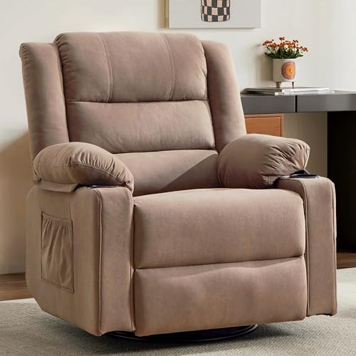 Image of Rocking Recliner Chair for Adults, 360 Swivel Rocker Recliner with Massage and Heating, Manual Glider Rocking Chair with Cup Holders for Living Room Bedroom Nursery (Mocha)