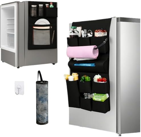14 Pockets Mini Fridge Organizer Dorm Essentials Dust Cover for Most Household Refrigerators, Hanging Mini Fridge Caddy Organizer Storage Bag with Plastic Bag Holder for Dorm, Office, Home, School